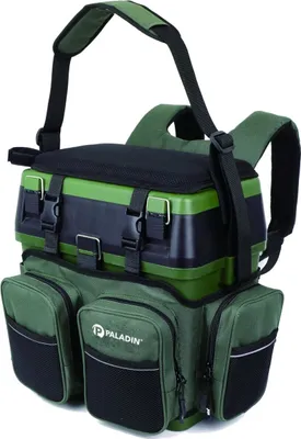 A green and black fishing backpack with multiple compartments and a cooler box on top.