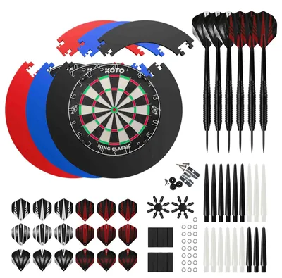 Produktbild von Darts-Set – Sisal-Zielscheibe mit Umrandung – 2 Darts mit Stahlspitzen (23 g) – Schwarz, rot oder blau – Set mit 90 Zubehörteilen