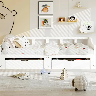 Produktbild von UnboxG Polsterbett 90x200cm/180x200cm Doppelbett mit ausziehbarem Unterbett, Massivholzbett mit Lattenrost und 2 Schubladen, Stauraumbett Gästebett Tagesbett