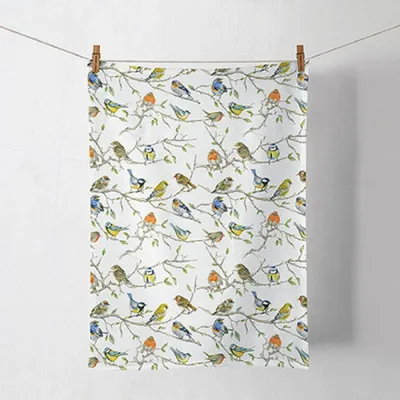 Produktbild von Küchentuch Baumwolle 50x70cm mit Singvögel & Zweige Muster Weiß / Bunt