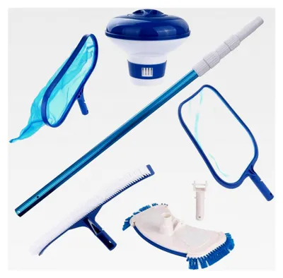 Produktbild von Pool Reinigungsset PCS - 6-teiliges Set zur Reinigung von Pools mit Stange, Kescher, Bürste, Bodensauger und Dosierschwimmer