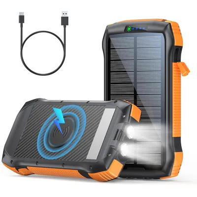 Produktbild von Solar Powerbank 20000mAh, mit Wireless Charging, PD 20W Schnellladung, Outdoor Ladegerät mit LED Licht, Wasserdicht für Camping & Reisen