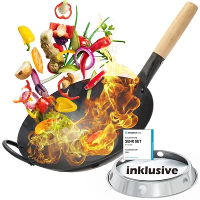 Produktbild von Wok Pfanne inkl. Wokring - Geeignet als Wokpfanne Induktion sowie für den Grill und Gasherd - Wok Pfanne aus robusten Kohlenstoffstahl - Woks & Wokpfannen