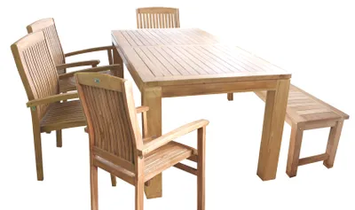 Produktbild von 6-tlg. Teakholz Garnitur Esstisch 180x90x75cm + 1 Teakholz Bank + 4 Stapelsessel