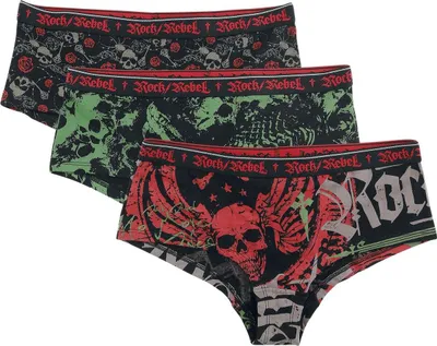 Produktbild von Rock Rebel by EMP Damen schwarze Pantys im Dreierpack mit Print S