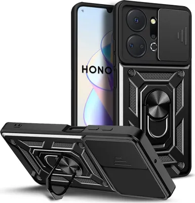 Obrázek produktu pro Pouzdro pro Honor X7a s Kroužkem, Stojánek, Ochrana Kamery, TPU Nárazník, Silikonové Pouzdro černé