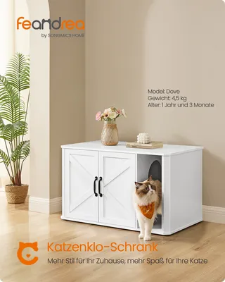 Produktbild von Feandrea Katzentoilette, Katzenklo-Schrank modern, Vordereingang, mit Doppeltür und Griffen wolkenweiß