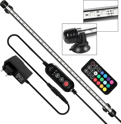 A set of LED aquarium lights with accessories, including a power adapter, controller, and remote.