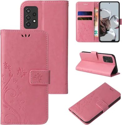 A collage of images showing a pink floral butterfly embossed flip phone case for a Samsung Galaxy A72.