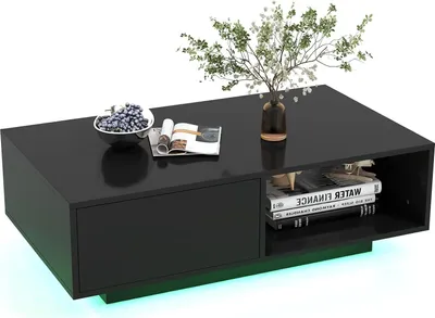 Produktbild von GOPLUS Couchtisch mit LED-leuchten, Kaffeetisch mit offene Ablage & Schublade, Sofatisch mit Fernbedienung, für Wohnzimmer, Gesellschaftszimmer, Büro, Weiß (Schwarz)