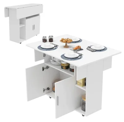 Produktbild von Klapptisch Esstisch - Küchentisch auf Rollen - Faltbarer Esstisch mit Stauraum - Küchenbuffet mit Arbeitsplatte - 100 x 70 x 77 cm - Weiß
