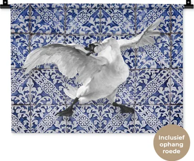 Produktbild von MuchoWow® Wandteppich Wandbehang Schwan - Kunst - Delfter Blau - Malerei - Alte Meister 60x45 cm Tapisserie Dekoration Wandtuch - Das Schlafzimmer