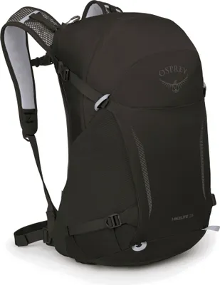 A black Osprey Hikelite 26 rucksack is shown from a side-angle on a white background.