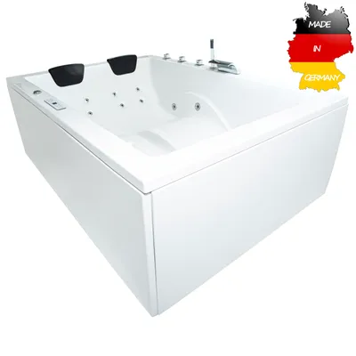 Produktbild von Basera CLASSIC Indoor Whirlpool Badewanne XXL Wave 190 x 140 cm für 2 Personen mit 24 Massagedüsen, Wasserfall, LED-Ambiente, Touchpanel, Bluetooth und Radio