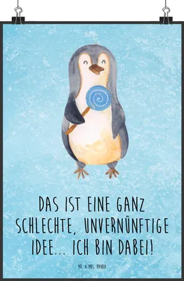 Produktbild von Mr. & Mrs. Panda Bild Pinguin Lolli DIN A0 - Eisblau - Geschenk, Blödsinn, wanddeko, Wandschmuck, Süßigkeiten, Deko, Spruch, Unvernünftig, Wandbild, drucke