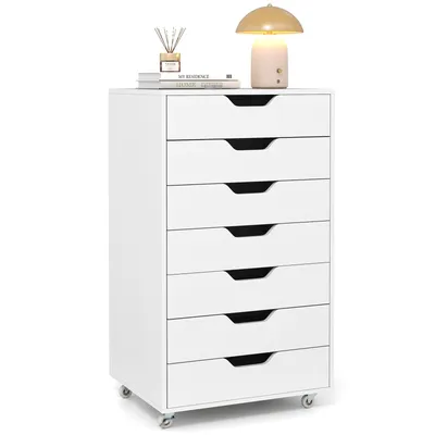 Produktbild von COSTWAY Rollcontainer mit 7 Schubladen & Rädern, mobiler Aktenschrank Bürocontainer Schubladenschrank Rollschrank Rollwagen Schubladenkommode Weiß