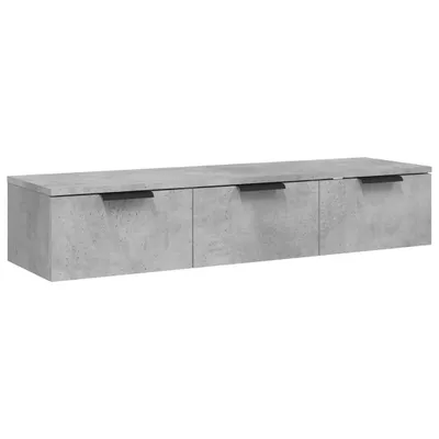 A long, rectangular, grey cabinet with three drawers, shown against a white background.