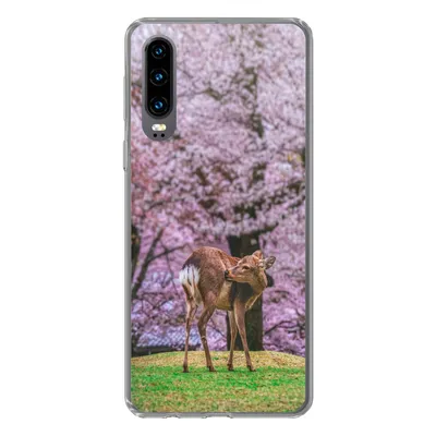 Produktbild von MuchoWow® Handyhülle Schutzhülle Hülle für Huawei P30 Hirsch - Rosa - Blüte Silikon Softcase Handy Hülle - Kartenbesitzer