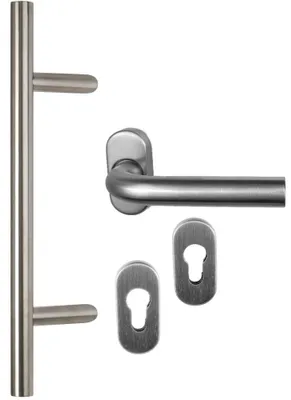 Produktbild von Edelstahl Haustür Griff- Beschlag- Set in verschiedenen Längen Art.Nr.:101.1019 Maß L:350/ Maß B:210mm