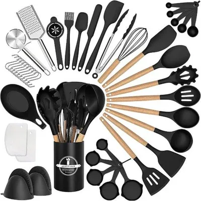Produktbild von Silikon-Kochutenset mit Holzgriffen - Hitzebeständig und Antihaft - Löffel, Schneidbrett, Essstäbchen Set mit Holzgriffen - Kochutenset und Kochhilfen