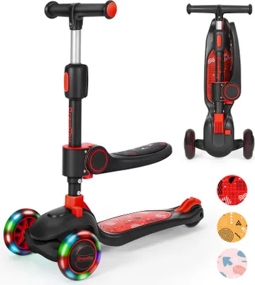 Produktbild von BremToy Kinderroller mit Sitz, Tretroller mit LED Rädern, Kinder Scooter mit Höhenverstellbarem Lenker, Faltbarer Kinder Roller für Kinder 1-8 Jahren Rot