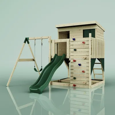 Produktbild von OutdoorToys Spielturm Tjorven aus Holz in Grün Dunkelgrün, mit Kinderschaukel
