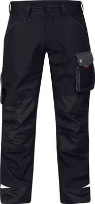 A pair of black work pants with gray accents and pockets, shown against a white background.