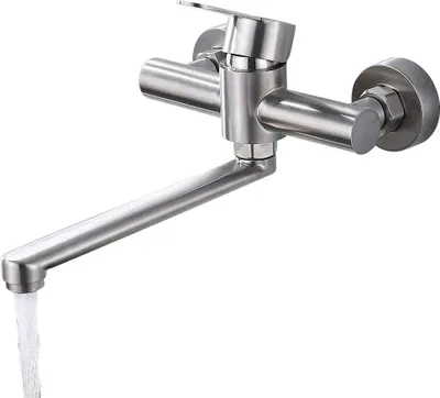 A stainless steel kitchen faucet with a long, extendable spout is shown against a white background. Water is flowing from the spout.
