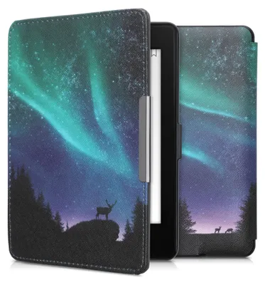 Produktbild von kwmobile Schutzhülle für Amazon Kindle Paperwhite Hülle - eReader Flip Case mit Auto Sleep Funktion - Polarlicht Hirsche mit Türkis Blau Schwarz