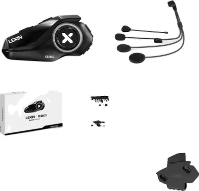 A product shot of a motorcycle intercom system and its accessories, presented on a white background.