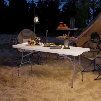 Produktbild von Klapptisch klappbar 180 cm, Campingtisch Picknicktisch, Metall HDPE pulverbeschichtet, Weiß | 180x74x74 cm | 10 kg | rutschfeste Füße
