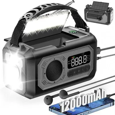 Produktbild von Unyqoos® Tragbares Notfallradio – 12.000 mAh Akku, 2 Solarpanels, AM/FM mit automatischer Sendersuche, SOS-Alarm, LED-Taschenlampe & Leselampe, Kompass