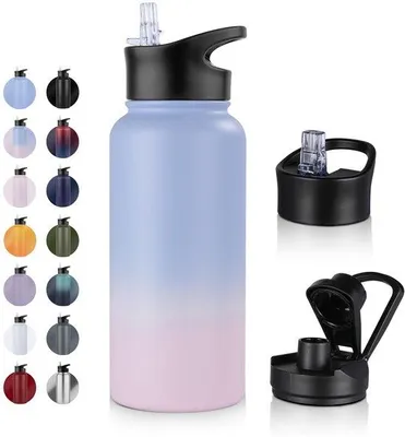 Image de Bouteille isotherme sans BPA pour le sport, les voyages, le camping, l'école, le vélo, la salle de sport, 1 litre, 2 couvercles, bouchon à paille, étanche, compatible avec les boissons gazeuses