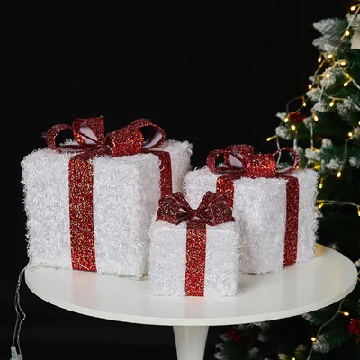 Produktbild von Beleuchtete LED Geschenkbox - 4er Set Weihnachtsgeschenkboxen mit integrierter Lichterkette, batteriebetrieben für fröhliche Weihnachtsdekoration