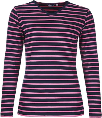 Produktbild von modAS Damen Shirt mit Streifen und V-Ausschnitt - Bretonisches Streifenshirt Langarm aus Baumwolle in Blau-Magnolia Größe 50