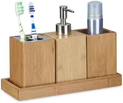 Produktbild von PolkaHome® Badezimmeraccessoire-Set aus 4 Teilen, Bambus, inklusive Zahnbürstenhalter, Seifenspender, Becher und Seifenschale, Natur