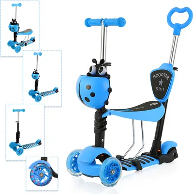 Produktbild von Yoleo Kinderroller Scooter mit abnehmbarem Korb in Marienkäferform, abnehmbarem Sitzschlitten LED große Räder höhenverstellbarer Lenker für Kinder ab 2 Jahren (blau)