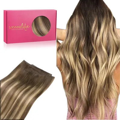 Immagine prodotto di Extension per capelli con trecce, capelli naturali, 40 cm, 80 grammi, color cioccolato, con tecnica balayage e riflessi caramello, da cucire, tipo Remy