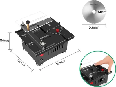 Productafbeelding van 100W Multifunctionele tafelzaag, mini formaat, elektrisch. Instelbare snelheid en hoek. Verstelbaar zaagblad, 16 mm snijdiepte. Met flexibele as en diverse accessoires voor hout, plastic en acryl