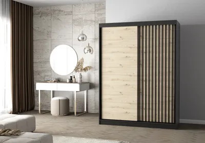Produktbild von Easy4You Lami II Schwarz/Artisan Schiebetürenschrank Kleiderschrank 150x200x61 cm - Schlafzimmermöbel, Aufbewahrung – Mehrzweckschrank mit Kleiderstange und Lamellen