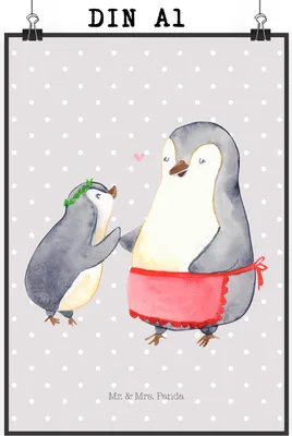 Produktbild von Mr. & Mrs. Panda Bild Pinguin mit Kind DIN A1 - Grau Pastell - Geschenk, drucke, Designposter, Vorbild Mama, Muttertag, Mutter, Plakat, wanddeko, Wandbild, Mom, Familie