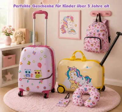Immagine prodotto di Set da viaggio per bambini con cavalcabile a forma di unicorno (2 pezzi) – Set di valigie da 5 pezzi con cuscino e valigia cavalcabile da 47 cm