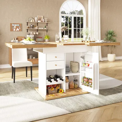 Image de okwish Table de cuisine pliante avec étagère à snacks et casier à vin, pour 4-6 personnes, table à manger extensible avec tiroirs, meuble pour cuisine et salon – blanc