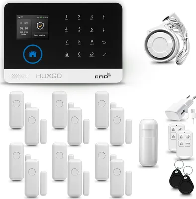 Immagine prodotto di HUXGO HXA003 Sistema di allarme casa WiFi + GSM 4G con sirena, sistema di allarme con 1x sensore di movimento e 12x sensore porta-finestra, sistema di allarme per appartamento, casa, ufficio, Tuya Smartlife App