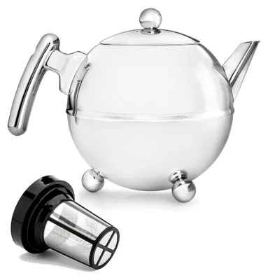 Produktbild von Edelstahl-Teekannen-Set 1,5 L - Große doppelwandige Kanne in Kugelform mit Füßen, silber - Inklusive Tee-Filter für losen Tee und Teeblätter
