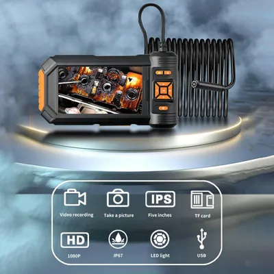 Imagen del producto de Cámara endoscópica con luz, endoscopio HD 1080P, pantalla LCD de 5 pulgadas, 8 luces LED ajustables, soporte, inspección con doble lente, cable rígido de 5 metros