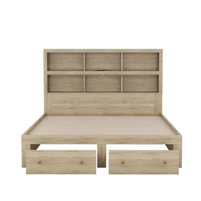 Produktbild von Doppelbett(natur,160*200cm)Massivholz, Kingsize-Plattformbett mit zwei Schubladen am Fußende des Bettes, Kopfteil mit Stauraum