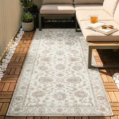 Produktbild von Volero - Waschbarer Läufer - Domingo Oriental Weiß - 80x350 cm - Wohnzimmer, Balkon, Garten / Terrasse, Flur - Boho, Orientalisch