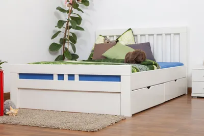 Produktbild von Einzelbett / Funktionsbett "Easy Premium Line" K8 inkl. 4 Schubladen und 2 Abdeckblenden, 140 x 200 cm Buche Vollholz massiv weiß lackiert