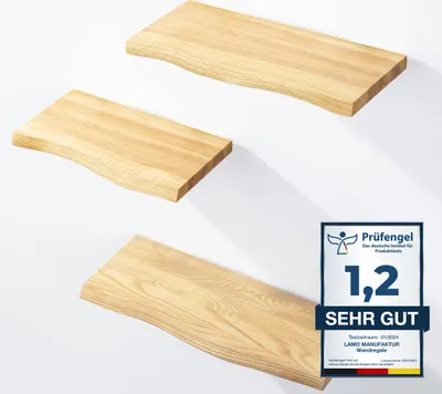Produktbild von LAMO Manufaktur 3 Stück Wandregal aus Holz mit unsichtbarer Befestigung 42/36/30cm | Wandregal aus 100 % echtem Holz | Hängeregal für Wohnzimmer, Schlafzimmer | Wandregale SET 1 Baumkante Farbe: Natur